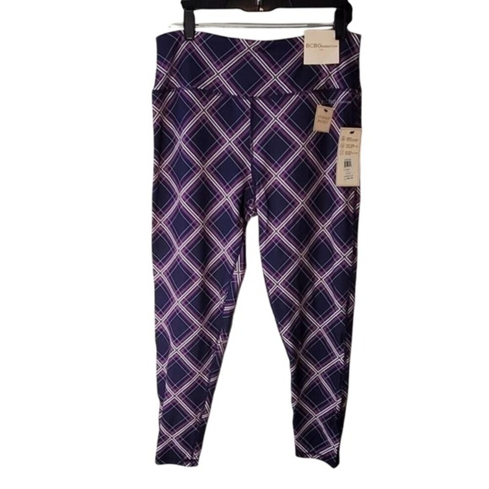 BCBGeneration Womens High Waisted Plaid‎ Active Leggings Purple Black BGEN1088 L